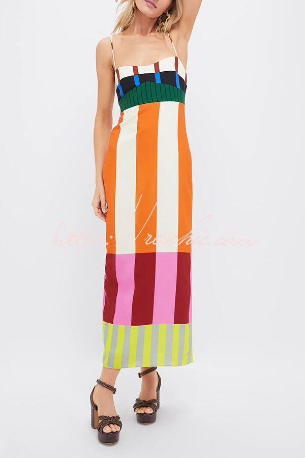 Linen Blend Color Block Slip Maxi Dress for Vacation