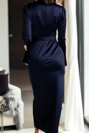 Satin V-Neck Long Sleeve Midi Dress with Waist Tie