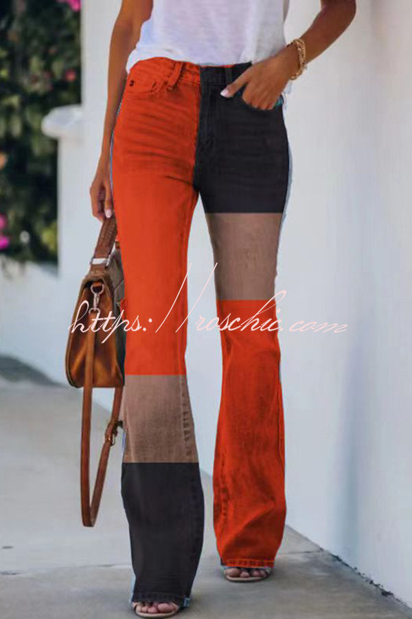 Faux Denim Print High Rise Flare Pants – Women's Casual