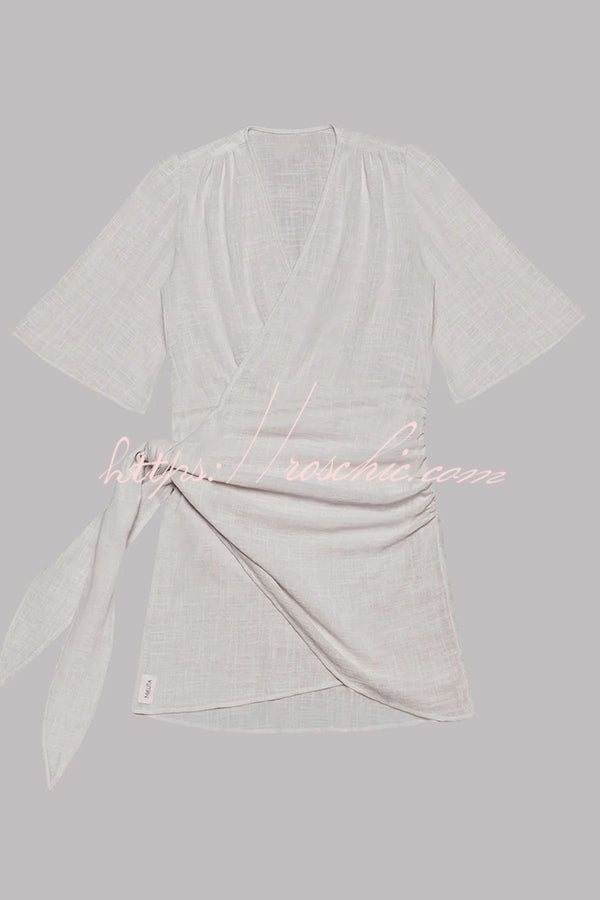 Cotton Linen Blend Knotted Wrap Mini Dress