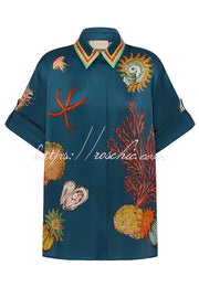 Linen Blend Printed Lapel Short Sleeve Shirt & Wide Leg Pants Set