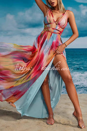 Tie-Dye Print Strapless Maxi Dress with Chain Detail & Slit