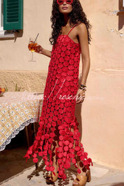 Embroidered Polka Dot Square Neck Tassel Hem Slip Maxi Dress