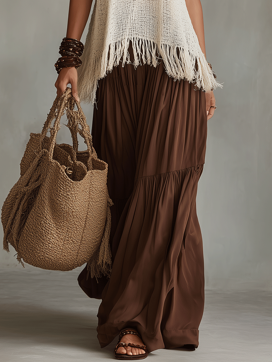 Textured Fringe Knit Skirt Set in Cocoa Brown