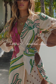 Linen Blend Balloon Sleeve Tie-Up Maxi Dress | Unique Print