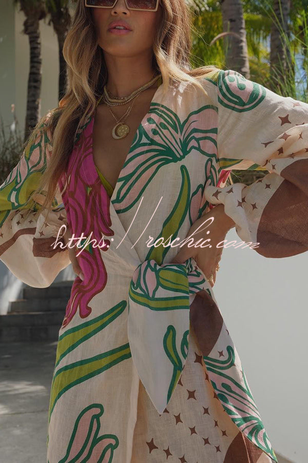 Linen Blend Balloon Sleeve Tie-Up Maxi Dress | Unique Print