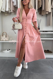 Denim Midi Dress V-Neck Button-Down Half Sleeve Loose Fit