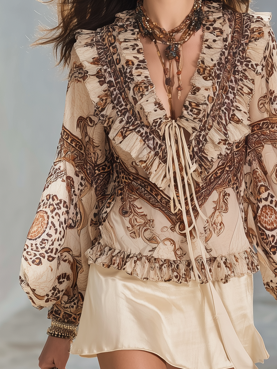 Leopard Print Ruffled Long Sleeve Blouse | French-Inspired