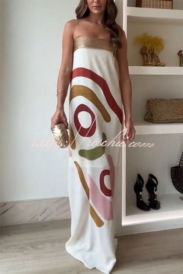 Pleated Print Strapless Maxi Dress with Metal Collar