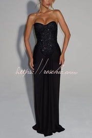 Sequined Satin Jersey Off-Shoulder Ruched Maxi Dress
