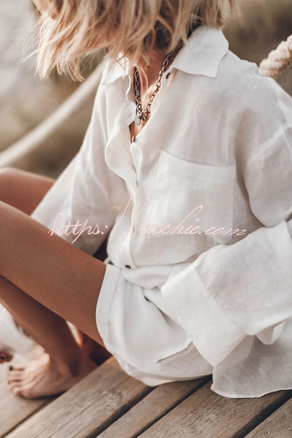 Linen Blend Oversized Long Sleeve Shirt with Pockets