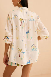 Linen Blend Printed Shirt & Elastic Waist Shorts Set