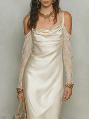 Ivory Satin Midi Dress with Lace Sleeves | Resort Wear