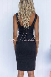 Denim Midi Dress with Adjustable Straps & Zip-Up Front