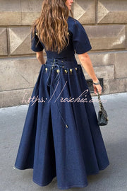 Denim Maxi Skirt with Metal Pattern Buttons & Lace-up Waist