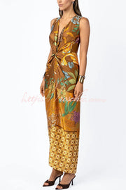 Satin Floral Print Twist Waist Maxi Dress with Front Slit