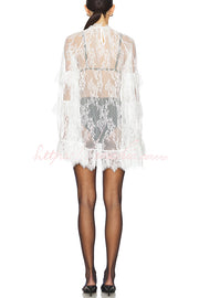 Lace Long-Sleeve See-Through Mini Dress – Loose Fit