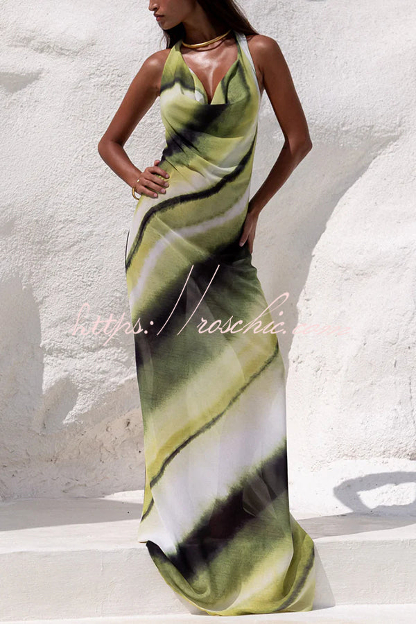Printed Cowl Neck Halter Maxi Dress – Vacation Loose Fit