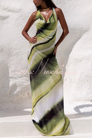 Printed Cowl Neck Halter Maxi Dress – Vacation Loose Fit