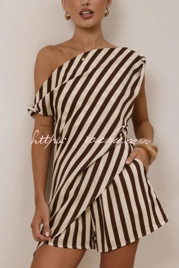 Printed Off-Shoulder Top & Elastic Waist Shorts Set