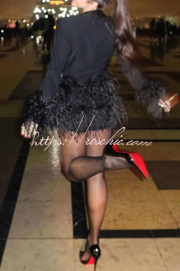 Feather Trim Deep V-Neck Long Sleeve Stretch Romper