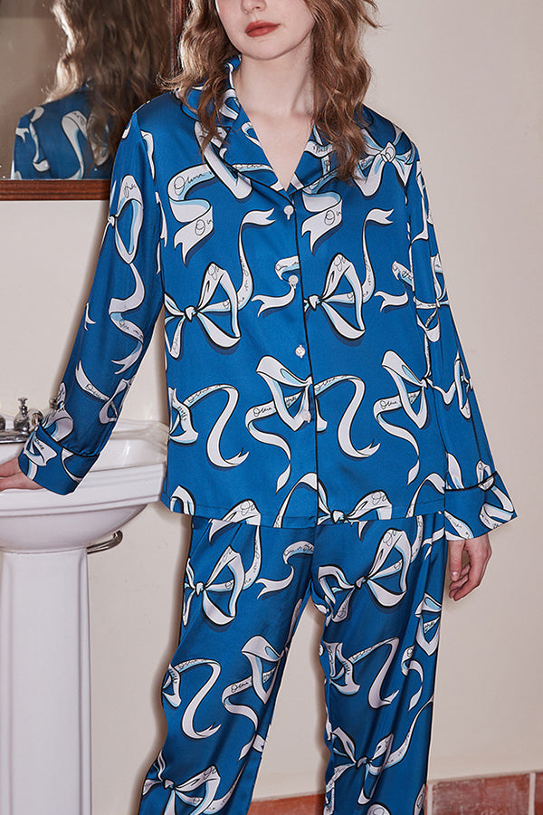 Blue Bow Print Lounge Two-Piece Set Long Sleeve