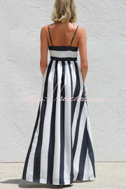 Robe longue rayée color-block avec col carré et poches