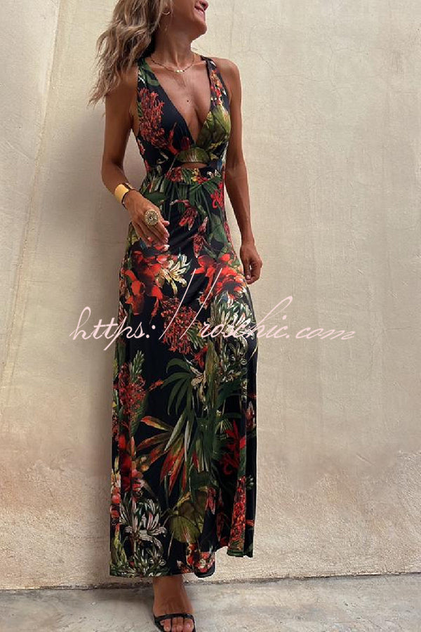 Tropical Print Cutout Back Maxi Dress – Vacation Stretch