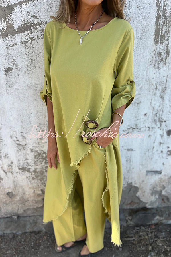 Linen Blend Midi Blouse and Wide-Leg Pants Set
