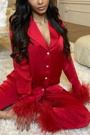Feather Trim Lapel Two-Piece Pant Suit | Solid Color
