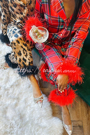 Christmas Printed Feather Trim Pajama Set with Pockets