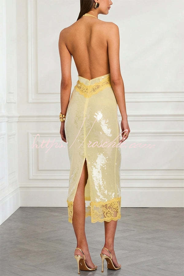 Sequin Lace Halter Midi Dress with Open Back