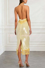Sequin Lace Halter Midi Dress with Open Back