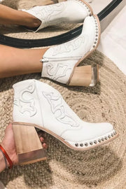 Embroidered Crystal High Heel Boots with Rivet Welt Detail