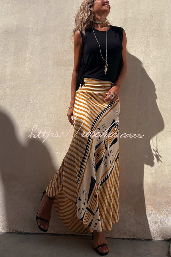 Satin Geometric Print Maxi Skirt with Elastic Waist
