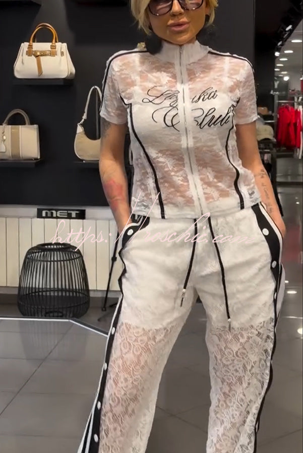 Lace Striped Patchwork High Neck Zip-Up Top & Pants Set