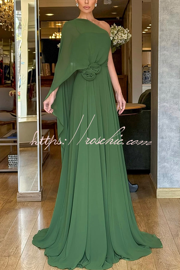 Chiffon One-Shoulder Maxi Dress with Rose Waist Detail