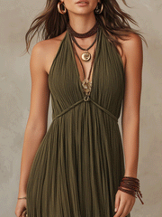 Olive Green Pleated Halter Maxi Dress | Boho Resort Style