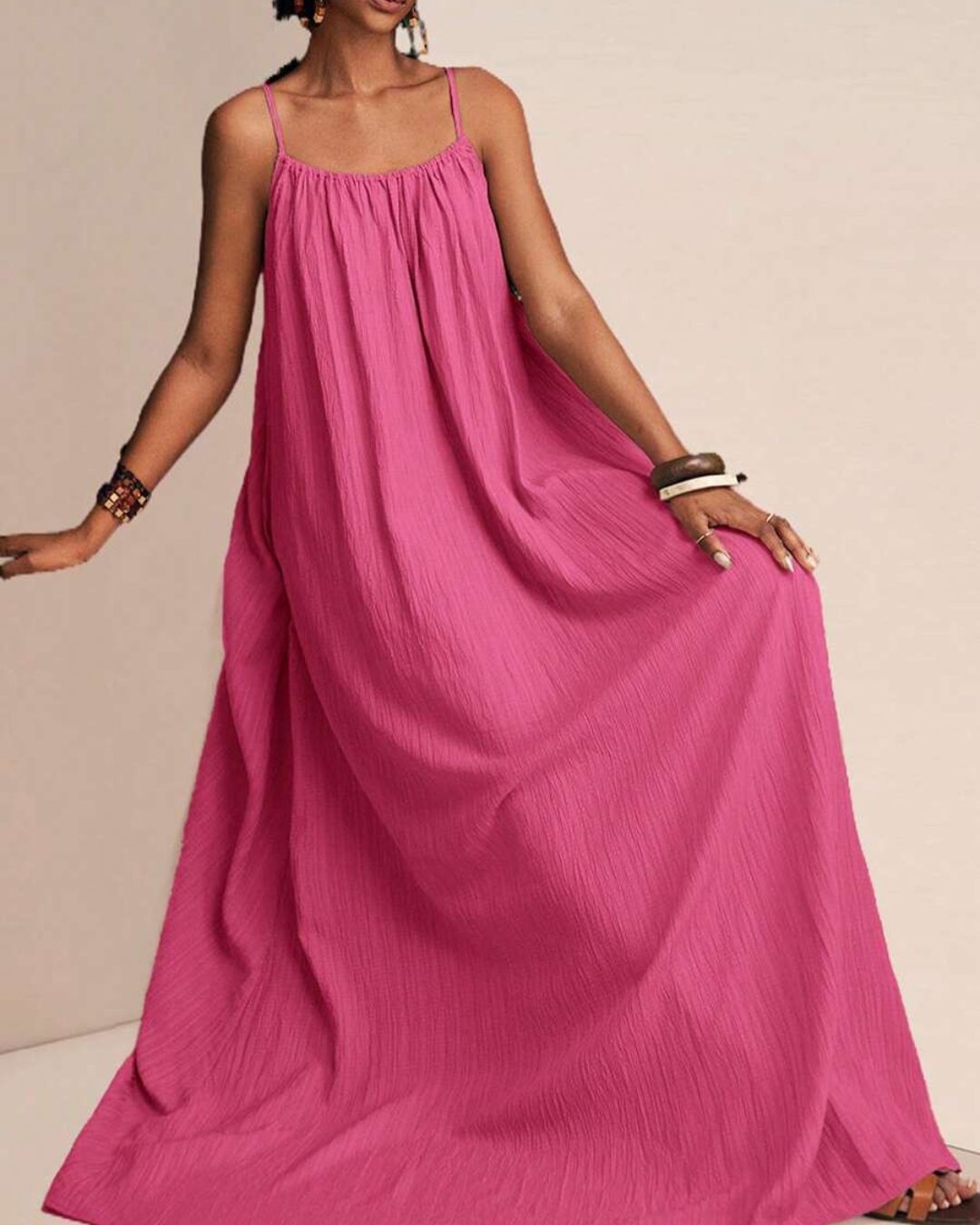 Curvvvy® Solid Color Pleated Slip Maxi Casual Dress, Flowy Dress