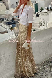 Golden Sequin Maxi Skirt with Elastic Waist – Party Ready