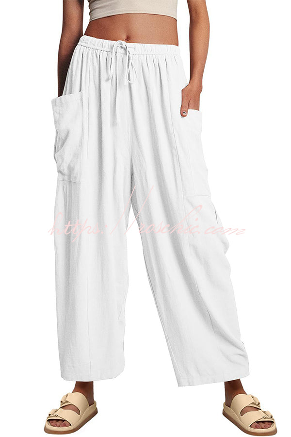 Linen Blend Drawstring Pants with Pockets – Loose Fit
