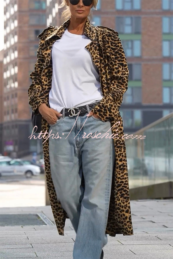 Velvet Leopard Print Midi Trench Coat – Loose Long Sleeve
