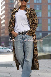 Velvet Leopard Print Midi Trench Coat – Loose Long Sleeve
