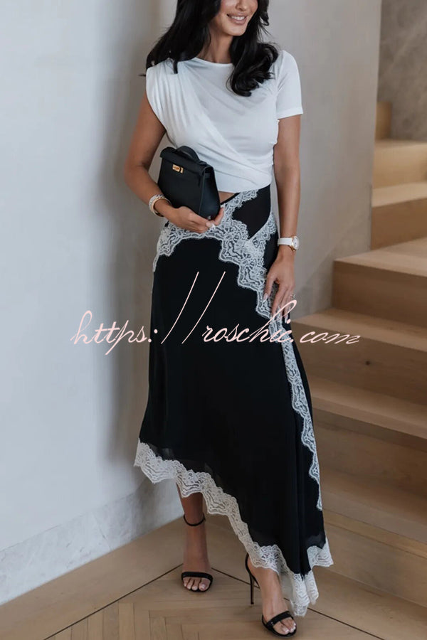 Twisted Drape Chiffon Lace Trim Maxi Dress – Loose Fit