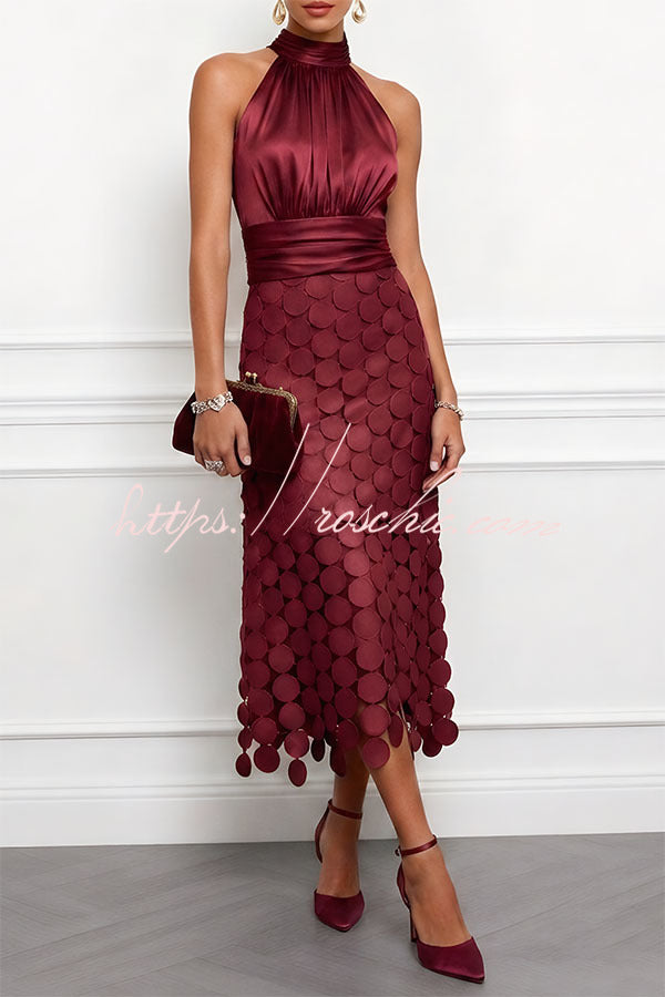 Satin Ruched Halter Neck Midi Dress with Polka Dot Hem