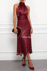Satin Ruched Halter Neck Midi Dress with Polka Dot Hem
