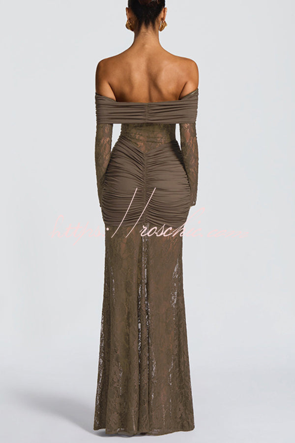 Off-Shoulder Lace Maxi Dress – Slim-Fit Long Sleeve
