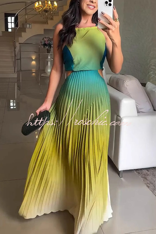 Backless Halter Pleated Gradient Maxi Dress – Vacation Wear