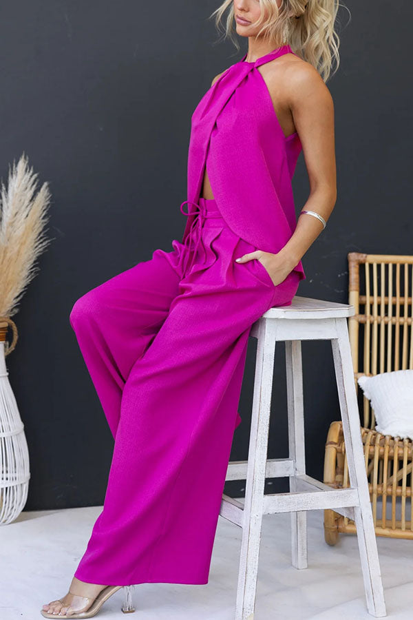 Linen Blend Sleeveless Top & Wide Leg Pants Set