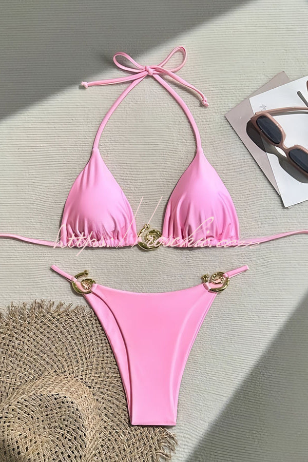 Metallic Halter Lace-Up Two-Piece Bikini Set